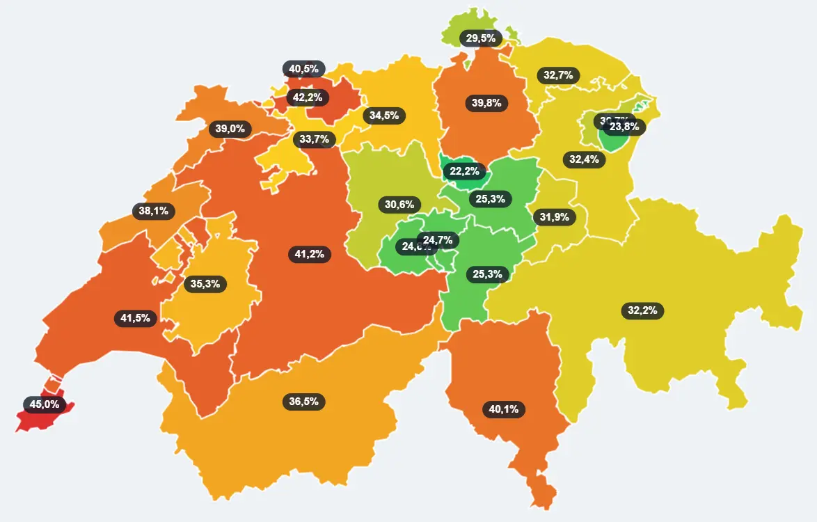 Schweizer Karte der Einkommensteuer-Spitzensteuersätze aller 26 Kantone im Vergleich