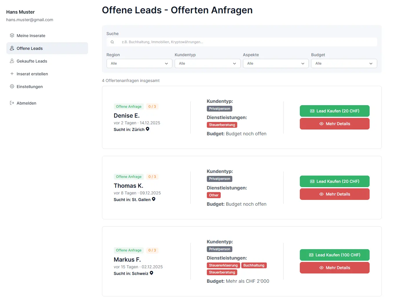 Offertenanfragen für Steuerberater