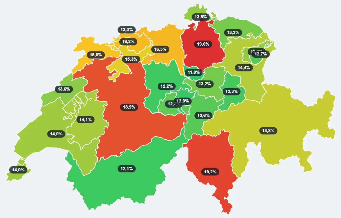 Schweizer Karte der Unternehmenssteuer-Spitzensteuersätze aller 26 Kantone im Vergleich