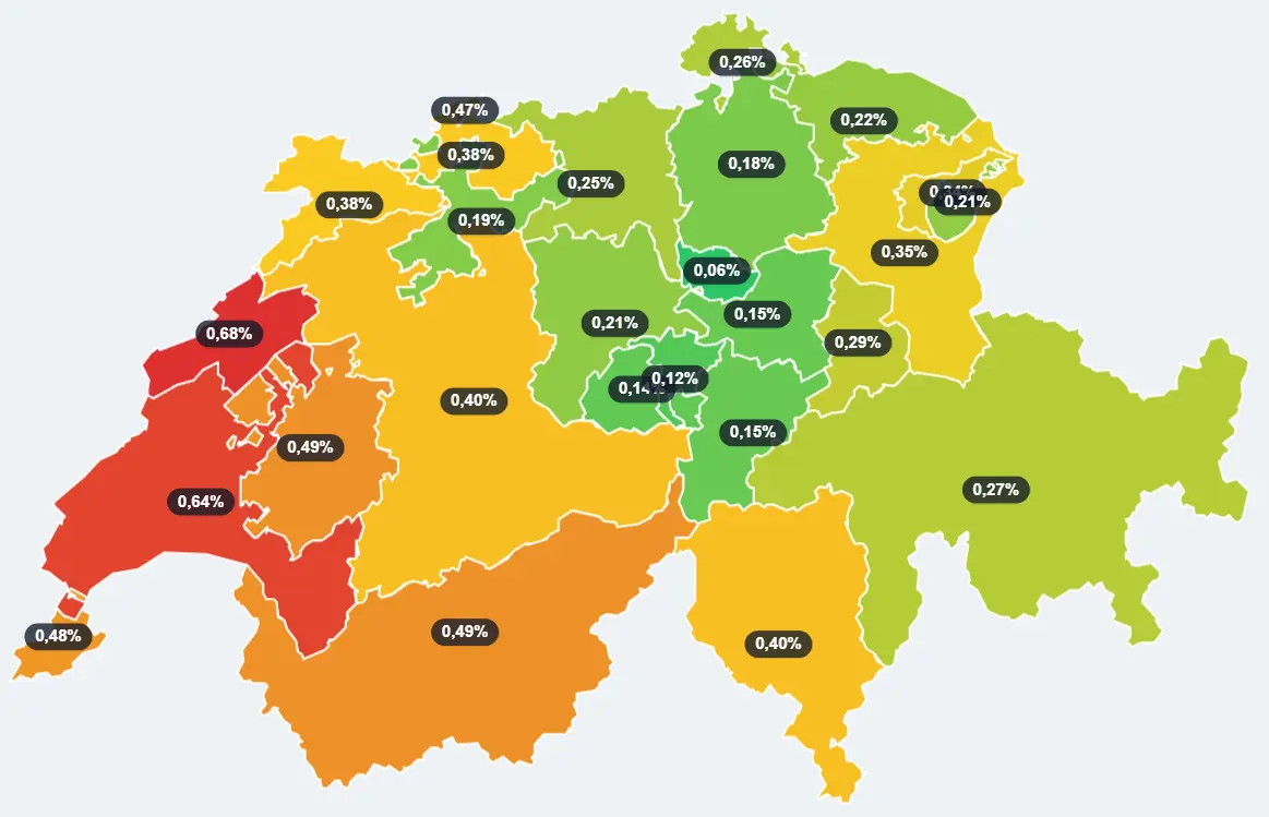 Schweizer Karte der Vermögenssteuer-Steuersätze aller 26 Kantone im Vergleich